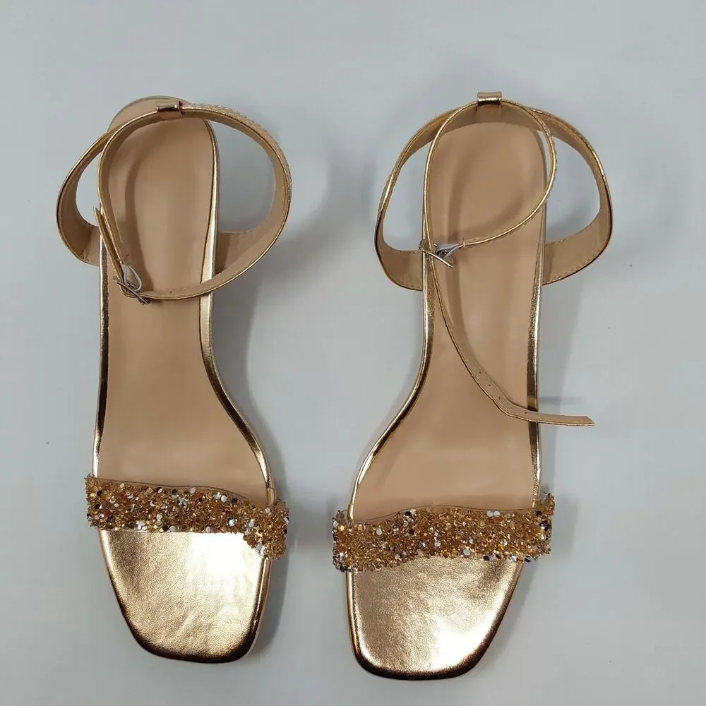 Womens Gold Rhinestone Sandals EU 42 Clear Block Heel Ankle Strap Dress Shoes